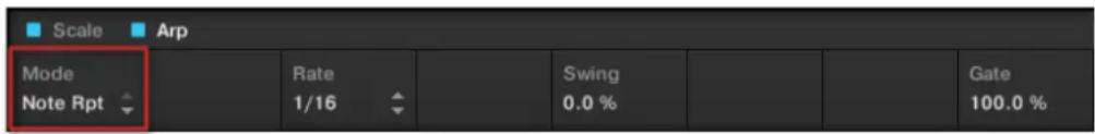 Scale Arp Mode Note Rpt Rate 1/16 Swing 0.0 % Gate 100.0 %