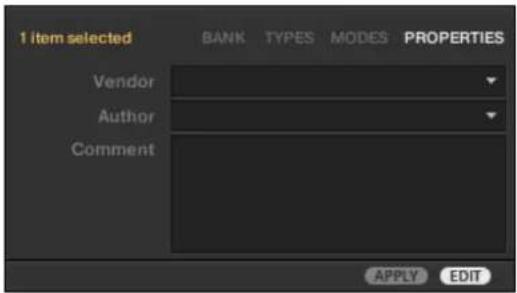 1 item selected BANK TYPES MODES PROPERTIES Vendor Author Comment APPLY EDIT