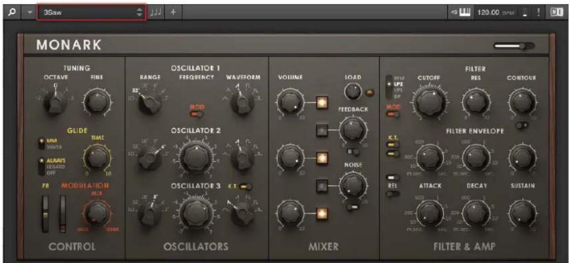 3Saw MONARK TUNING OCTAVE FINE GLIDE MINI SHIVER ALWAYS LEMONADO OFF PR MODULATION MIX CONTROL OSCILLATORS OSCILLATOR 1 RANGE FREQUENCY WAVEFORM MOB VOLUME LOAD FEEDBACK NOISE MIXER FILTER CUTOFF RES CONTOUR FILTER ENVELOPE K.T. ATTACK DECAY SUSTAIN FILTER & AMP