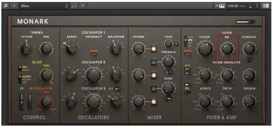 MONARK TUNING OCTAVE FINE GLIDE TIME ALWAYS DEGADO OFF PB MODULATION M.R. CONTROL OSCILLATORS OSCILLATOR 1 RANGE FREQUENCY WAVEFORM MOD OSCILLATOR 2 OSCILLATOR 3 KT VOLUME LOAD FEEDBACK NOISE MIXER FILTER CUTOFF RES CONTOUR FILTER ENVELOPE K.T. REL ATTACK DECAY SUSTAIN FILTER & AMP
