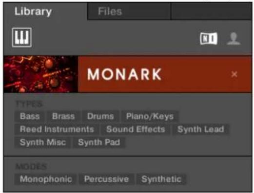 Library Files MONARK TYPES Bass Brass Drums Piano/Keys Reed Instruments Sound Effects Synth Lead Synth Misc Synth Pad MODES Monophonic Percussive Synthetic