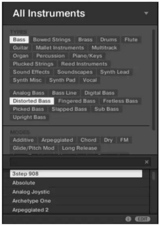 All Instruments TYPES Bass Bowed Strings Brass Drums Flute Guitar Mallet Instruments Multitrack Organ Percussion Piano/Keys Plucked Strings Reed Instruments Sound Effects Soundscapes Synth Lead Synth Misc Synth Pad Vocal Analog Bass Bass Line Digital Bass Distorted Bass Fingered Bass Fretless Bass Picked Bass Slapped Bass Sub Bass Upright Bass MODES Additive Arpeggiated Chord Dry FM Glide/Pitch Mod Long Release 3step 908 Absolute Analog Joystic Archetype One Arpeggiated 2 EDIT