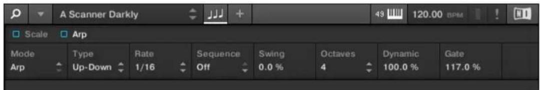 A Scanner Darkly 43 120.00 BPM Scale Arp Mode Type Rate Sequence Swing Octaves Dynamic Gate Arp Up-Down 1/16 Off 0.0 % 4 100.0 % 117.0 %
