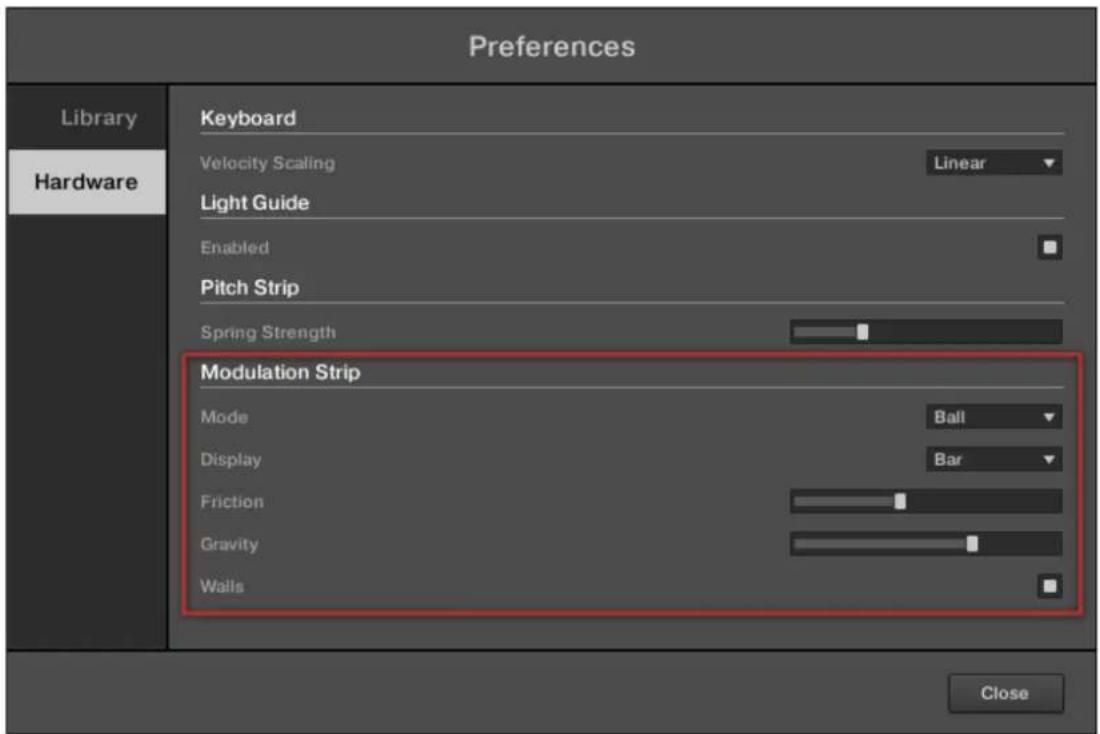 Preferences Library Hardware Keyboard Velocity Scaling Linear Light Guide Enabled Pitch Strip Spring Strength Modulation Strip Mode Ball Display Bar Friction Gravity Walls Close