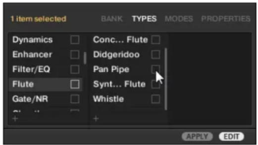 1 item selected Dynamics Enhancer Filter/EQ Flute Gate/NR CONC... Flute Didgeridoo Pan Pipe Synt... Flute Whistle + + BANK TYPES MODES PROPERTIES APPLY EDIT