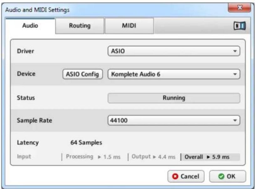 Audio and MIDI Settings Audio Routing MIDI Driver ASIO Device ASIO Config Komplete Audio 6 Status Running Sample Rate 44100 Latency 64 Samples Input Processing ▶ 1.5 ms Output ▶ 4.4 ms Overall ▶ 5.9 ms Cancel OK