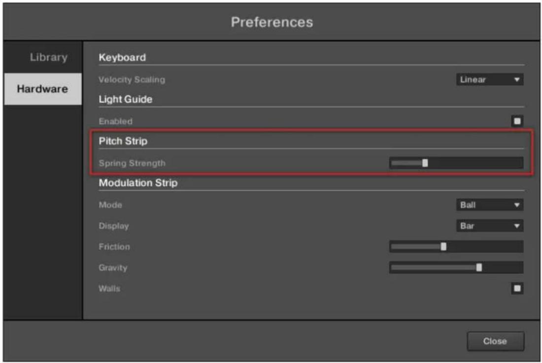 Preferences Library Hardware Keyboard Velocity Scaling Linear Light Guide Enabled Pitch Strip Spring Strength Modulation Strip Mode Ball Display Bar Friction Gravity Walls Close