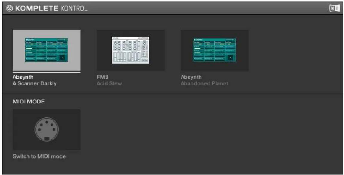 KOMPLETE KONTROL Absynth A Scanner Darkly FM8 Acid Stew Absynth Abandoned Planet MIDI MODE Switch to MIDI mode
