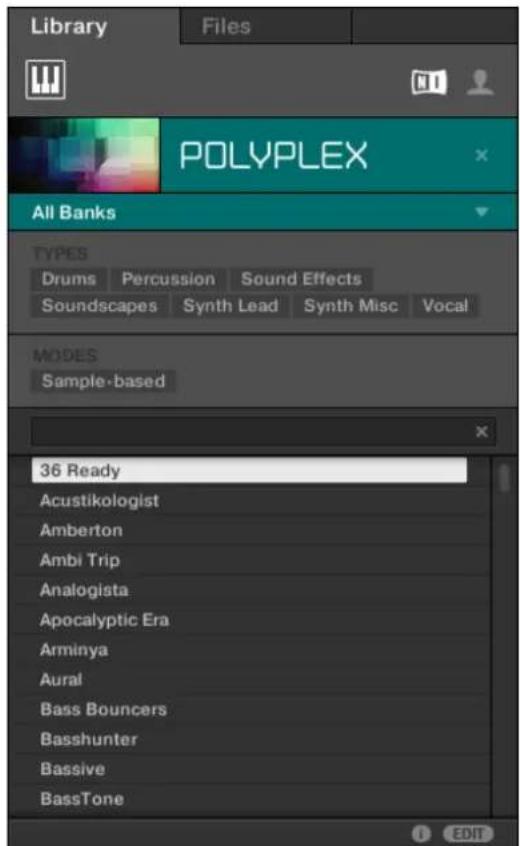 Library Files POLYPLEX All Banks TYPES Drums Percussion Sound Effects Soundscapes Synth Lead Synth Misc Vocal MODES Sample-based 36 Ready Acustikologist Amberton Ambi Trip Analogista Apocalyptic Era Arminya Aural Bass Bouncers Basshunter Bassive BassTone EDIT