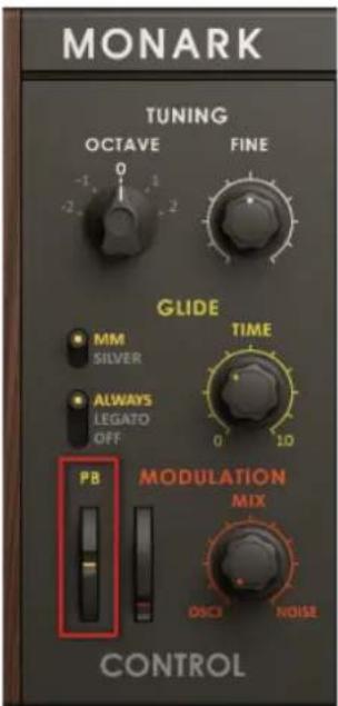 MONARK TUNING OCTAVE FINE GLIDE MM SILVER TIME ALWAYS LEGATO OFF 0 10 PB MODULATION MIX DISCI NOISE CONTROL