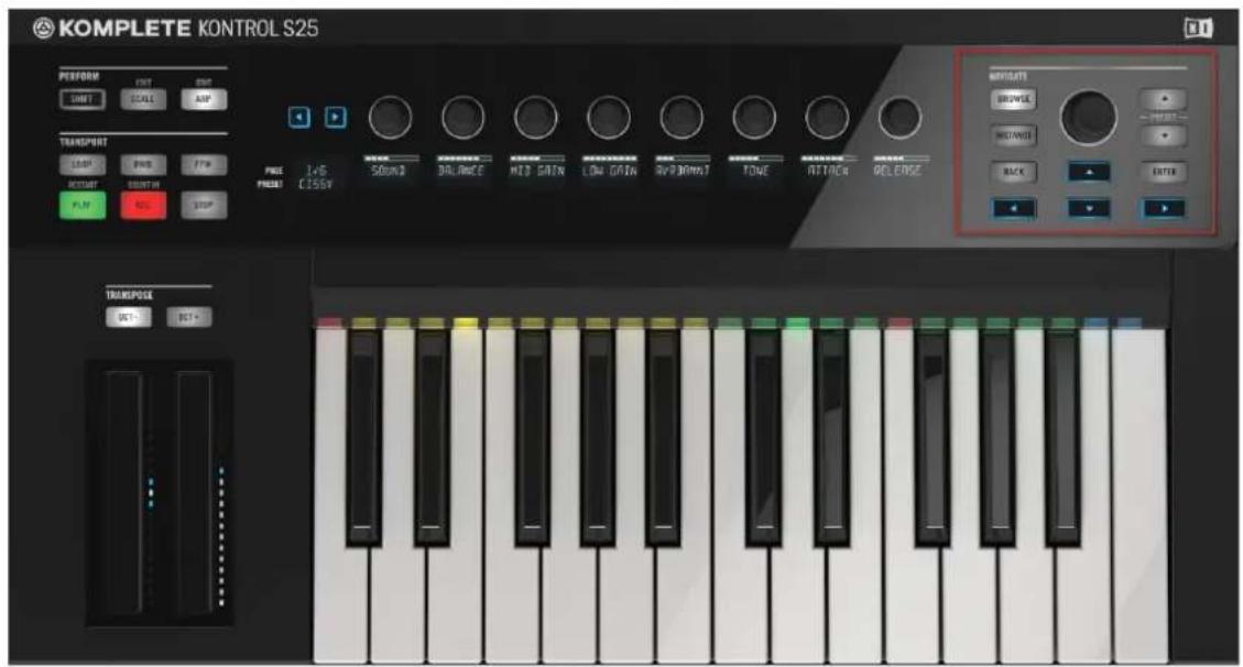 KOMPLETE KONTROL S25 PERFORM SHIFT OUT SCALE AMP TRANSPORT LOOP WRITE FTP RESET RESET IN PLAY STOP PRE PRESENT 1+5 CISSEY SOUND BALANCE HID GAIN LOW GAIN AVEN ONION TONE MINUTE NOTICE RELEASE TRANSPOSE RESET RESET +