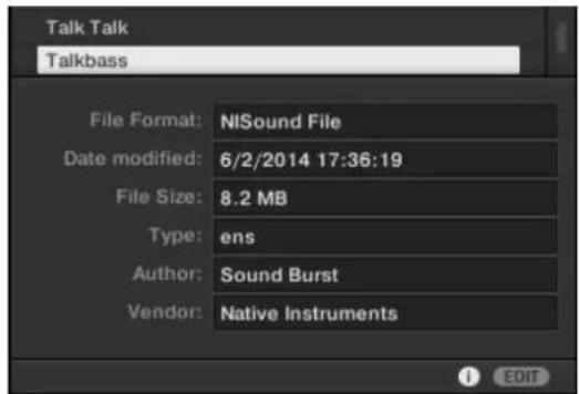 Talk Talk Talkbass File Format: NiSound File Date modified: 6/2/2014 17:36:19 File Size: 8.2 MB Type: ens Author: Sound Burst Vendor: Native Instruments
