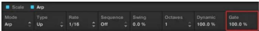 Scale Arp Mode Type Rate Sequence Swing Octaves Dynamic Gate Arp Up 1/16 Off 0.0 % 1 100.0 % 100.0 %