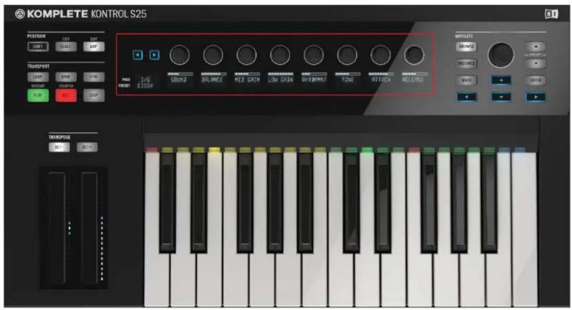 KOMPLETE KONTROL S25 PERFORM SHIFT TST SCALE ARP TRANSPORT LOOP XWD FTR RESET LENGTH STOP PLAY HOLD 1/5 EISSY SOUND BALANCE RED GRAIN LOW GRAIN AVIEMOUNT TONE ATTICK RELEASE MINIGATE BRINSE PRINT INSTYLE BACK ENTER TRANPOSE HOLD HOLD