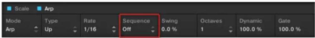 Scale Arp Mode Type Rate Sequence Swing Octaves Dynamic Gate Arp Up 1/16 Off 0.0 % 1 100.0 % 100.0 %