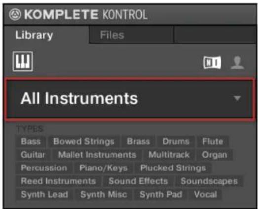 KOMPLETE KONTROL Library Files All Instruments TYPES Bass Bowed Strings Brass Drums Flute Guitar Mallet Instruments Multitrack Organ Percussion Piano/Keys Plucked Strings Reed Instruments Sound Effects Soundscapes Synth Lead Synth Misc Synth Pad Vocal