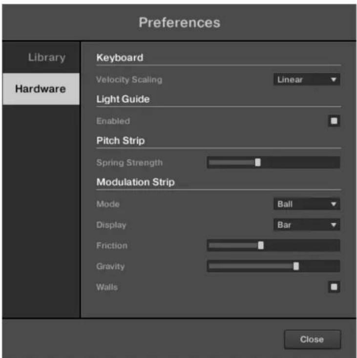 Preferences Library Hardware Keyboard Velocity Scaling Linear Light Guide Enabled Pitch Strip Spring Strength Modulation Strip Mode Ball Display Bar Friction Gravity Walls Close