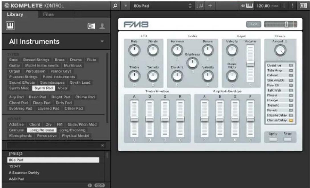 KOMPLETE KONTROL Library Files 80s Pad 4s 120.00 RPM FM8 ALL Instruments LFO Timble Output Effects Rate Vibrate Harmonic Deluxe Valuey Volume Amount Overdrive Tube Amp Cabinet Shelving EU Peak 60 Talk Wah Reset Flanger Tremelo Reverb Psycho Delay/ Chorus/Delay Apply Reset [PRIS]2 80s Pad 12047 A Scanner Darky A&D Pad Timble Envelope Amplitude Envelope