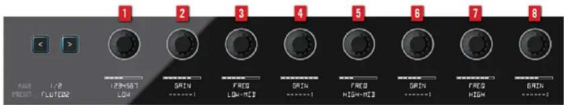 1 2 3 4 5 6 7 8 PAGE PREF 1/2 FLOT02 12H567 LOW GAIN ---------! FREQ LOW-MID GAIN ---------! FREQ HIGH-MID GAIN ---------! FREQ HIGH GAIN