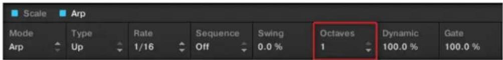 Scale Arp Mode Type Rate Sequence Swing Octaves Dynamic Gate Arp Up 1/16 Off 0.0 % 1 100.0 % 100.0 %