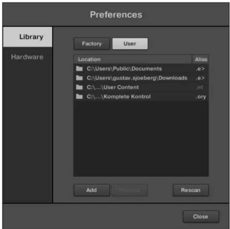 Preferences Library Hardware Factory User Location Alias C:\Users\Public\Documents .e> C:\Users\gustav.sjoeberg\Downloads .e> C:\...\User Content .nt C:\...\Komplete Kontrol .ory Add Remove Rescan Close