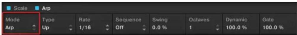 Scale Arp Mode Type Rate Sequence Swing Octaves Dynamic Gate Arp Up 1/16 Off 0.0 % 1 100.0 % 100.0 %