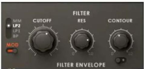 MM LP2 LP1 BP MOD CUTOFF FILTER RES CONTOUR 0 1.0 0 1.0 FILTER ENVELOPE