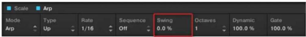 Scale Arp Mode Type Rate Sequence Swing Octaves Dynamic Gate Arp Up 1/16 Off 0.0 % 1 100.0 % 100.0 %