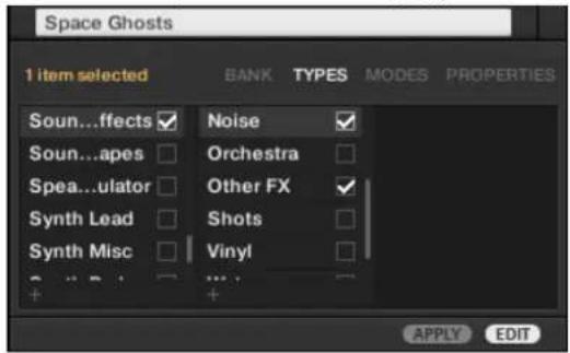 Space Ghosts 1 item selected BANK TYPES MODES PROPERTIES Soun...ffects ✓ Noise ✓ Soun...apes □ Orchestra □ Spea...ulator □ Other FX ✓ Synth Lead □ Shots □ Synth Misc □ Vinyl □ + + - + APPLY EDIT