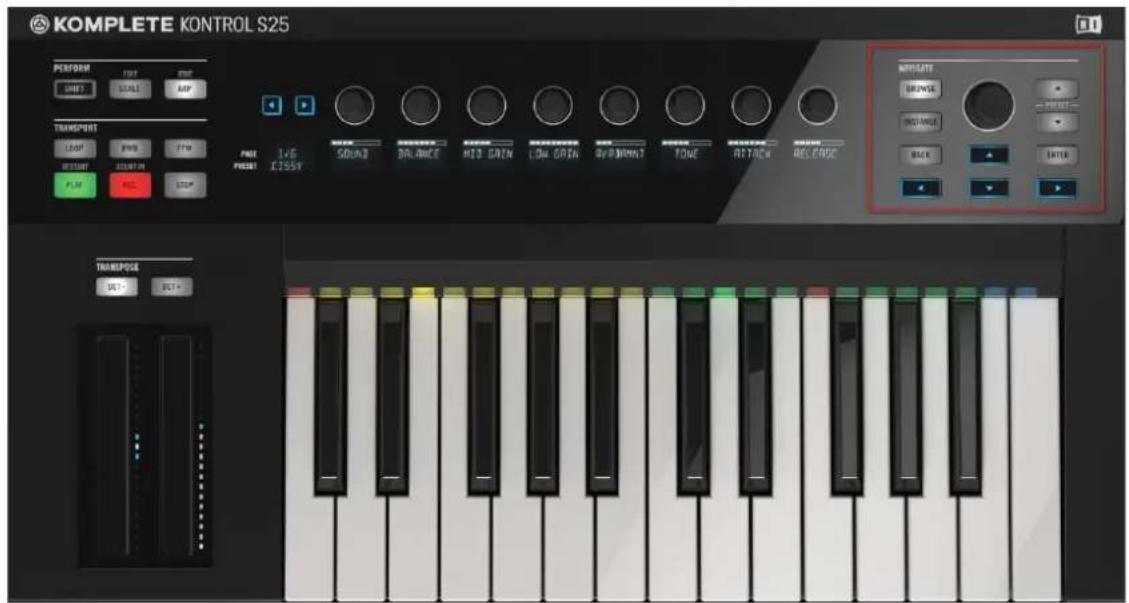 KOMPLETE KONTROL S25 PERFORM UNIT START POP APP TRANSPORT LOOP FWD FTR RESET START STOP PREF MODE I/O FIND CISSEY RANGE SOUND BRANCE MID GAIN LOW GREEN AVENOMAT TONE RETURN ON ATTACH RELEASE NOTATE BRINCE RESET BACK INTU TRANSMODE OUT- OUT+