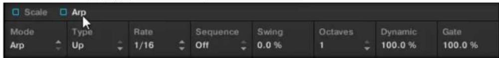 Scale Arp Mode Type Rate Sequence Swing Octaves Dynamic Gate Arp Up 1/16 Off 0.0 % 1 100.0 % 100.0 %