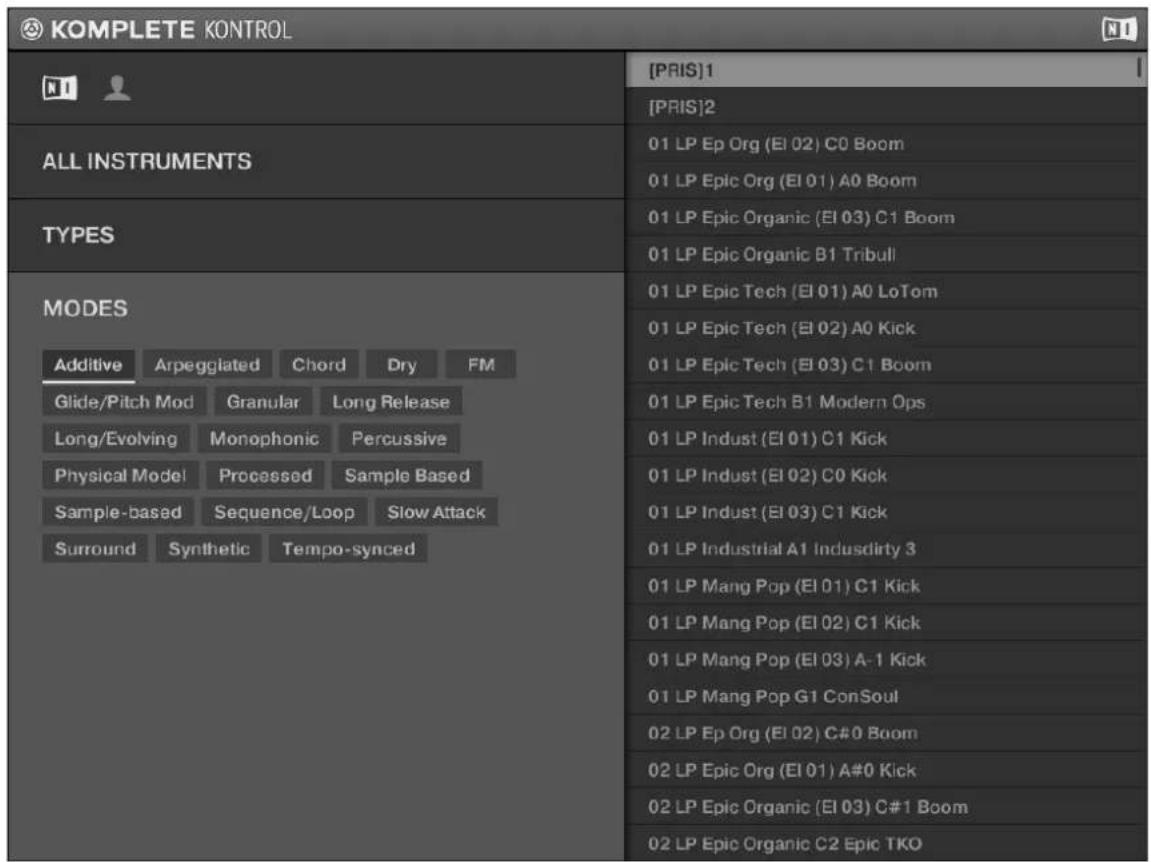 KOMPLETE KONTROL ALL INSTRUMENTS TYPES MODES Additive Arpegglated Chord Dry FM Glide/Pitch Mod Granular Long Release Long/Evolving Monophonic Percussive Physical Model Processed Sample Based Sample-based Sequence/Loop Slow Attack Surround Synthetic Tempo-synced [PRIS]1 [PRIS]2 01 LP Ep Org (El 02) C0 Boom 01 LP Epic Org (El 01) A0 Boom 01 LP Epic Organic (El 03) C1 Boom 01 LP Epic Organic B1 Tribull 01 LP Epic Tech (El 01) A0 LoTom 01 LP Epic Tech (El 02) A0 Kick 01 LP Epic Tech (El 03) C1 Boom 01 LP Epic Tech B1 Modern Ops 01 LP Indust (El 01) C1 Kick 01 LP Indust (El 02) C0 Kick 01 LP Indust (El 03) C1 Kick 01 LP Industrial A1 Indusdirty 3 01 LP Mang Pop (El 01) C1 Kick 01 LP Mang Pop (El 02) C1 Kick 01 LP Mang Pop (El 03) A-1 Kick 01 LP Mang Pop G1 ConSoul 02 LP Ep Org (El 02) C#0 Boom 02 LP Epic Org (El 01) A#0 Kick 02 LP Epic Organic (El 03) C#1 Boom 02 LP Epic Organic C2 Epic TKO
