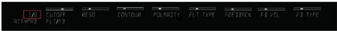 1/8 ATTAPRD CUTOFF FLT/FB RESO CONTOUR POLARITY FLT TYPE FEEDBACK FB VOL FB TYPE
