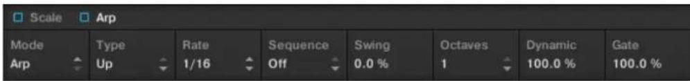 Scale Arp Mode Type Rate Sequence Swing Octaves Dynamic Gate Arp Up 1/16 Off 0.0 % 1 100.0 % 100.0 %