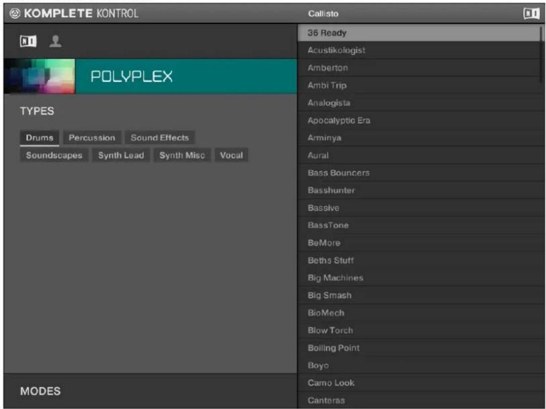 KOMPLETE KONTROL N1 POLYPLEX TYPES Drums Percussion Sound Effects Soundscapes Synth Lead Synth Misc Vocal MODES Callisto 35 Ready Acustikologist Amberton Ambi Trip Analogista Apocalyptic Era Arminya Aural Bass Bouncers Basshunter Bassive BassTone BeMore Beths Stuff Big Machines Big Smash BioMech Blow Torch Boiling Point Boyo Camo Look Canteras