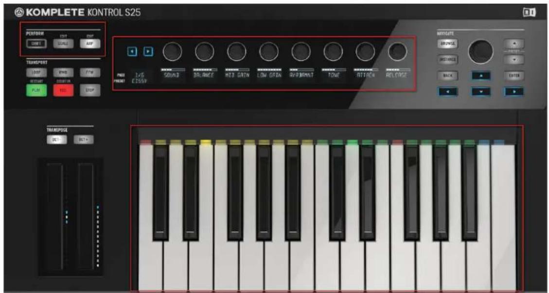 KOMPLETE KONTROL S25 PERFORM OUT SCALE APP TRANSPORT LOOP PHO FTR START SHIFT IN PLAY PULL STOP 1/5 C:255V SOUND BALANCE RED GAIN LOW GAIN AVI PARENT TONE RICHEN RELEASE TRANSPOSE OUT BUT+