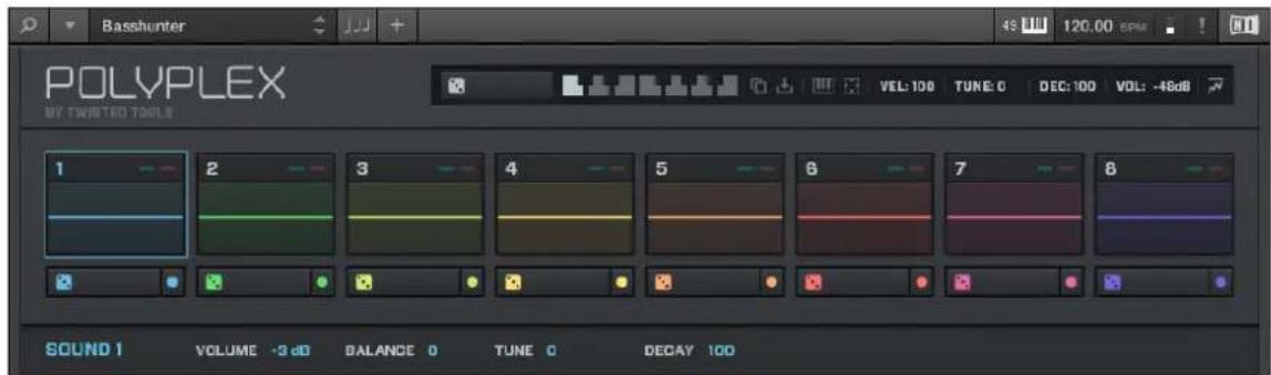 Basshunter 48 120.00 5PM POLYPLEX BY TWISTED TOOL 1 2 3 4 5 6 7 8 SOUND 1 VOLUME -3 dB BALANCE 0 TUNE 0 DECAY 100
