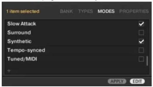 1 item selected BANK TYPES MODES PROPERTIES Slow Attack ✓ Surround □ Synthetic ✓ Tempo-synced □ Tuned/MIDI □ + APPLY EDIT