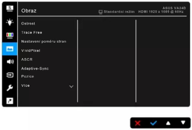 Obraz Ostrost Trace Free Nastavení poměru stran V'ldPixel ASCR Adaptive-Sync Pozice Vlce ASUS VA24D Standardní režim HDMI 1920 x 1080 @ 60Hz