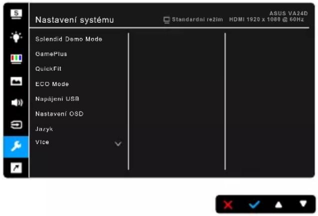 Nastavení systému Standardni režim HDMI 1920 x 1080 @ 60Hz ASUS VA24D Solendid Demo Mode GamePlus QuickFil ECO Mode Napájeni USB Nastavení OSD Jazyk Vice