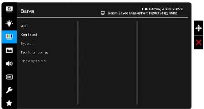 Barva TUF Gaming ASUS VG279 Režim Závod DisplayPort 1920x1080@ 65Hz Jas Kontrast Sytost Teplota barav Pletový tóns