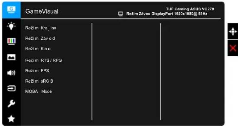 GameVisual Režim Kra jina Režim Zav o d Režim Kin o Režim RTS / RPG Režim FPS Režim sRG B MOBA Mode TUF Gaming ASUS VG279 Režim Závod DisplayPort 1920x1080@ 65Hz