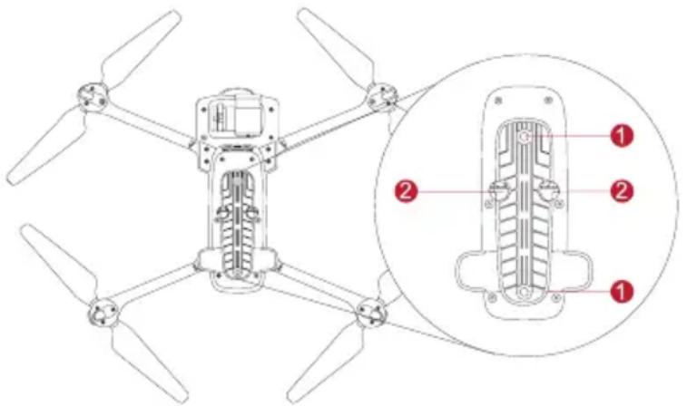 Technical diagram of a quadcopter drone with labeled parts and an inset showing internal structure details.