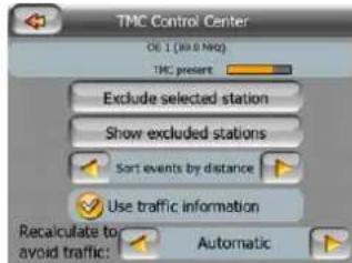 TMC Control Center OE 1 (All 0 No) TMC present Exclude selected station Show excluded stations Sort events by distance Use traffic information Recalculate to avoid traffic: Automatic