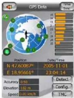 GPS Data Time Sync Position Date/Time N 47.60087° 2005-11-01 E 18.95661° 23:04:14 Accuracy 0.90 Elevation 1.92 m Speed 0.00 km/h Detect Config. TMC