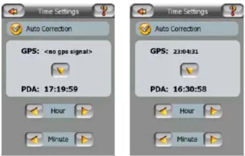 Time Settings Auto Correction GPS: PDA: 17:19:59 Hour Minute Time Settings Auto Correction GPS: 23:04:31 PDA: 16:30:58 Hour Minute