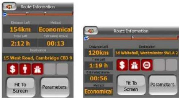 Route Information Distance Left Method 154km Economical Time Left Estimated Arrival 2:12 h 00:13 Destination 15 West Road, Cambridge CB3 9 Fit To Screen Parameters Route Information Distance Left Destination 120km 35 Whitehall, Westminster 5WLA 2 Time Left 1:19 h Estimated Arrival 00:56 Method Economical Fit To Screen Parameters