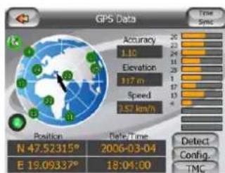 GPS Data Accuracy 1:10 Elevation 117 m Speed 3.57 km/h Position Date Time N 47.52315° 2006-03-04 E 19.09337° 18:04:00 Detect Config. TMC
