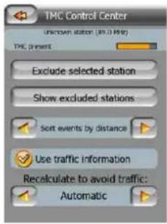 TMC Control Center unknown station (89.0 MHz) TMC present Exclude selected station Show excluded stations Sort events by distance Use traffic information Recalculate to avoid traffic: Automatic