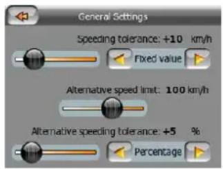 General Settings Speeding tolerance: +10 km/h Fixed value Alternative speed limit: 100 km/h Alternative speeding tolerance: +5 % Percentage